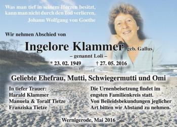 Traueranzeige von Ingelore Klammer (geb. Gallus, genannt Loli)  von Magdeburger Volksstimme