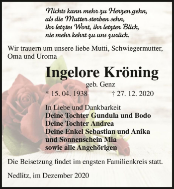 Traueranzeige von Ingelore Kröning (geb. Genz)  von Magdeburger Volksstimme