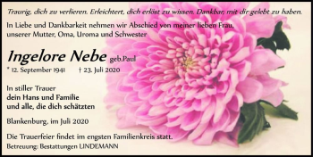 Traueranzeige von Ingelore Nebe (geb. Paul)  von Magdeburger Volksstimme