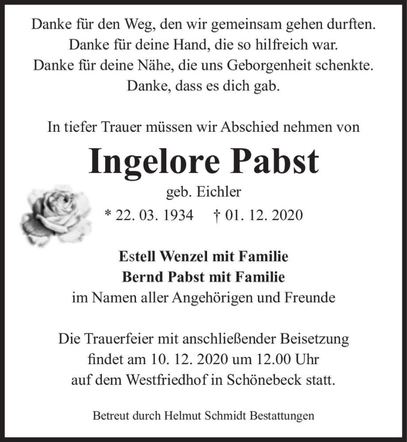 Traueranzeige für Ingelore Pabst (geb. Eichler)  vom 05.12.2020 aus Magdeburger Volksstimme