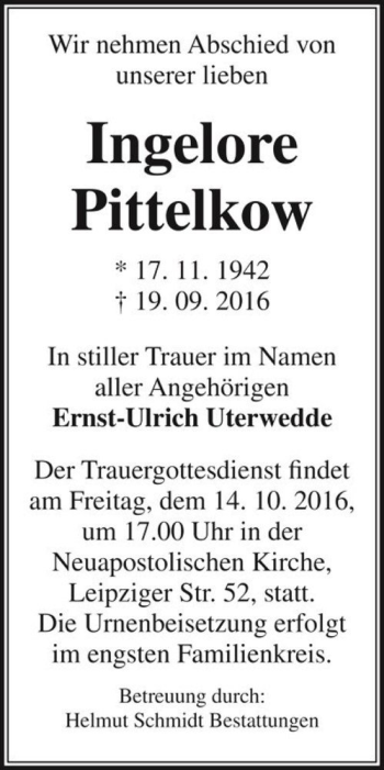 Traueranzeige von Ingelore Pittelkow  von Magdeburger Volksstimme