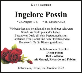 Traueranzeige von Ingelore Possin  von Magdeburger Volksstimme