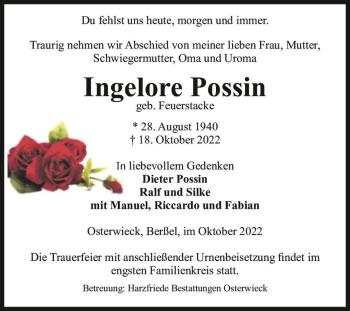 Traueranzeige von Ingelore Possin (geb. Feuerstacke)  von Magdeburger Volksstimme
