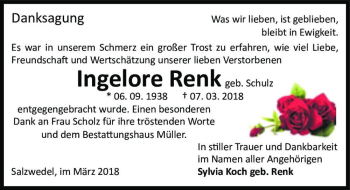 Traueranzeige von Ingelore Renk (geb. Schulz)  von Magdeburger Volksstimme