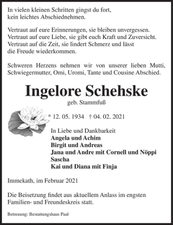 Traueranzeige von Ingelore Schehske (geb. Stammfuß)  von Magdeburger Volksstimme