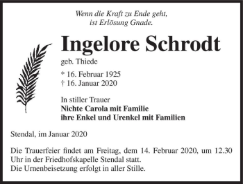 Traueranzeige von Ingelore Schrodt (geb. Thiede)  von Magdeburger Volksstimme