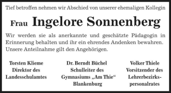 Traueranzeige von Ingelore Sonnenberg  von Magdeburger Volksstimme