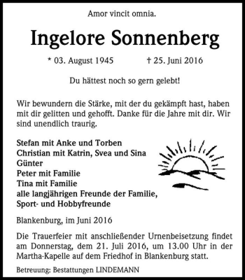 Traueranzeige von Ingelore Sonnenberg  von Magdeburger Volksstimme