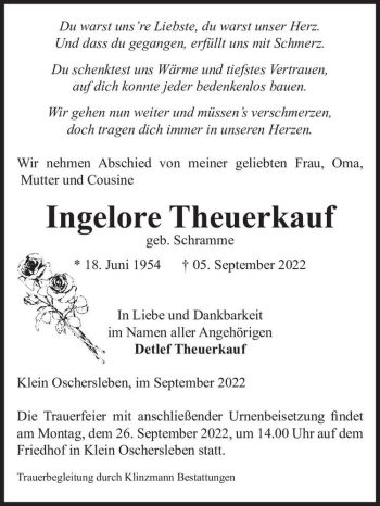Traueranzeige von Ingelore Theuerkauf (geb. Schramme)  von Magdeburger Volksstimme