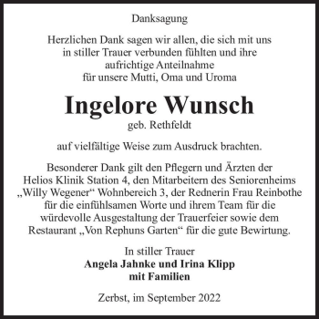 Traueranzeige von Ingelore Wunsch (geb. Rethfeldt)  von Magdeburger Volksstimme