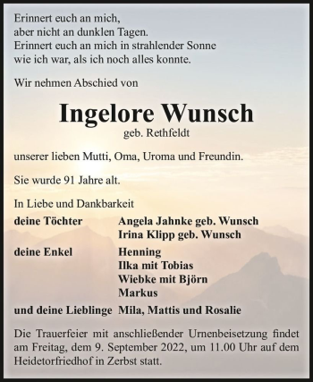 Traueranzeige von Ingelore Wunsch (geb. Rethfeldt)  von Magdeburger Volksstimme