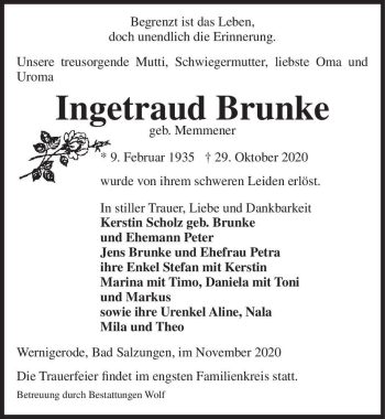 Traueranzeige von Ingetraud Brunke (geb. Memmener)  von Magdeburger Volksstimme