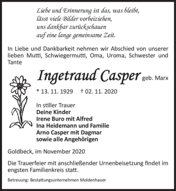 Traueranzeige von Ingetraud Casper (geb. Marx)  von Magdeburger Volksstimme