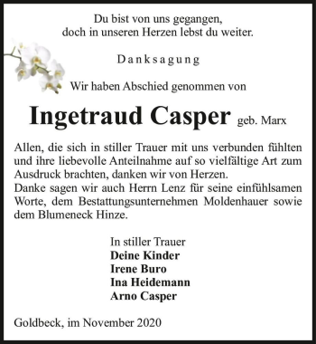 Traueranzeige von Ingetraud Casper (geb. Marx)  von Magdeburger Volksstimme