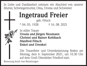 Traueranzeige von Ingetraud Freier (geb. Fötsch)  von Magdeburger Volksstimme
