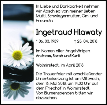 Traueranzeige von Ingetraud Hlawaty  von Magdeburger Volksstimme