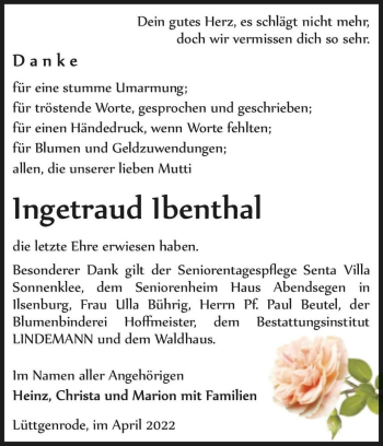 Traueranzeige von Ingetraud Ibenthal  von Magdeburger Volksstimme