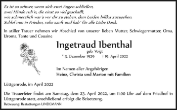 Traueranzeige von Ingetraud Ibenthal (geb. Voigt)  von Magdeburger Volksstimme