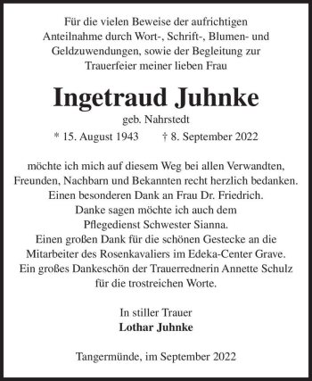 Traueranzeige von Ingetraud Juhnke (geb. Nahrstedt)  von Magdeburger Volksstimme