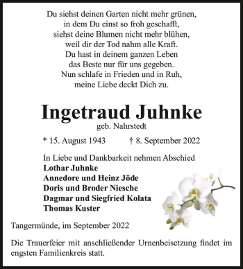 Traueranzeige von Ingetraud Juhnke (geb. Nahrstedt)  von Magdeburger Volksstimme