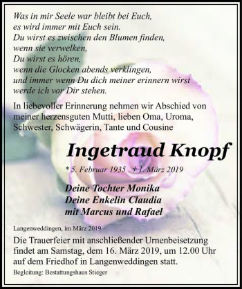 Traueranzeige von Ingetraud Knopf  von Magdeburger Volksstimme