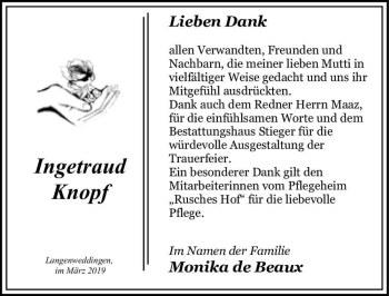 Traueranzeige von Ingetraud Knopf  von Magdeburger Volksstimme