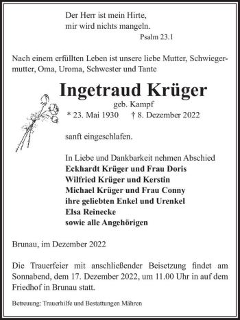 Traueranzeige von Ingetraud Krüger (geb. Kampf)  von Magdeburger Volksstimme