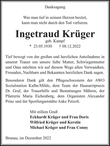 Traueranzeige von Ingetraud Krüger (geb. Kampf)  von Magdeburger Volksstimme
