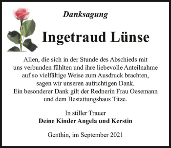 Traueranzeige von Ingetraud Lünse  von Magdeburger Volksstimme
