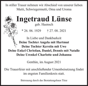 Traueranzeige von Ingetraud Lünse (geb. Haensch)  von Magdeburger Volksstimme