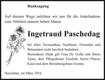 Traueranzeige von Ingetraud Paschedag  von Magdeburger Volksstimme