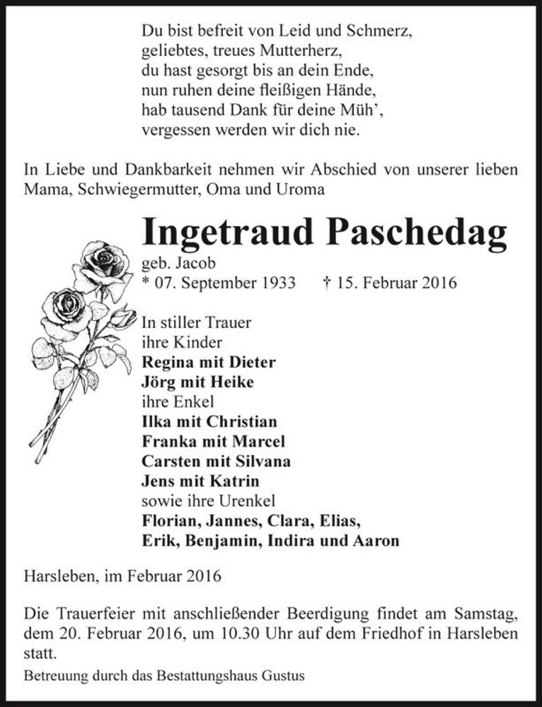  Traueranzeige für Ingetraud Paschedag (geb. Jacob)  vom 18.02.2016 aus Magdeburger Volksstimme