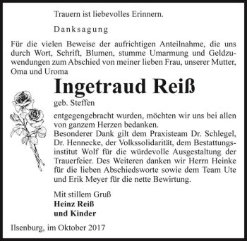 Traueranzeige von Ingetraud Reiß (geb. Steffen)  von Magdeburger Volksstimme