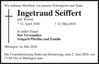 Traueranzeige von Ingetraud Seiffert (geb. Kynast)  von Magdeburger Volksstimme