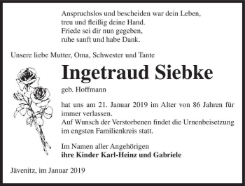 Traueranzeige von Ingetraud Siebke (geb. Hoffmann)  von Magdeburger Volksstimme
