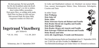 Traueranzeige von Ingetraud Vinzelberg (geb. Schlawin)  von Magdeburger Volksstimme