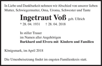 Traueranzeige von Ingetraud Voß (geb. Ullrich)  von Magdeburger Volksstimme