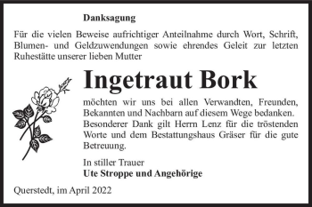 Traueranzeige von Ingetraut Bork  von Magdeburger Volksstimme