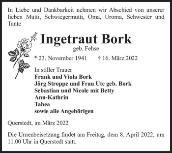 Traueranzeige von Ingetraut Bork (geb. Fehse)  von Magdeburger Volksstimme