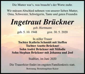 Traueranzeige von Ingetraut Brückner (geb. Hartmann)  von Magdeburger Volksstimme