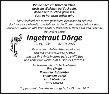 Traueranzeige von Ingetraut Dörge  von Magdeburger Volksstimme