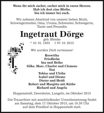 Traueranzeige von Ingetraut Dörge (geb. Blenke)  von Magdeburger Volksstimme