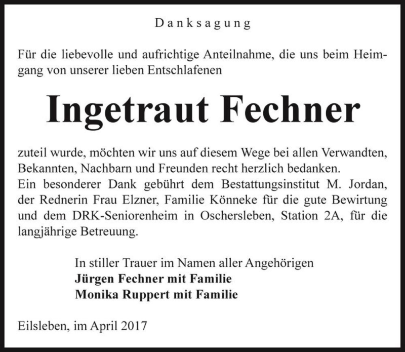  Traueranzeige für Ingetraut Fechner  vom 20.04.2017 aus Magdeburger Volksstimme