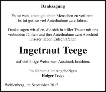 Traueranzeige von Ingetraut Teege  von Magdeburger Volksstimme