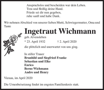 Traueranzeige von Ingetraut Wichmann (geb. Alvensleben)  von Magdeburger Volksstimme