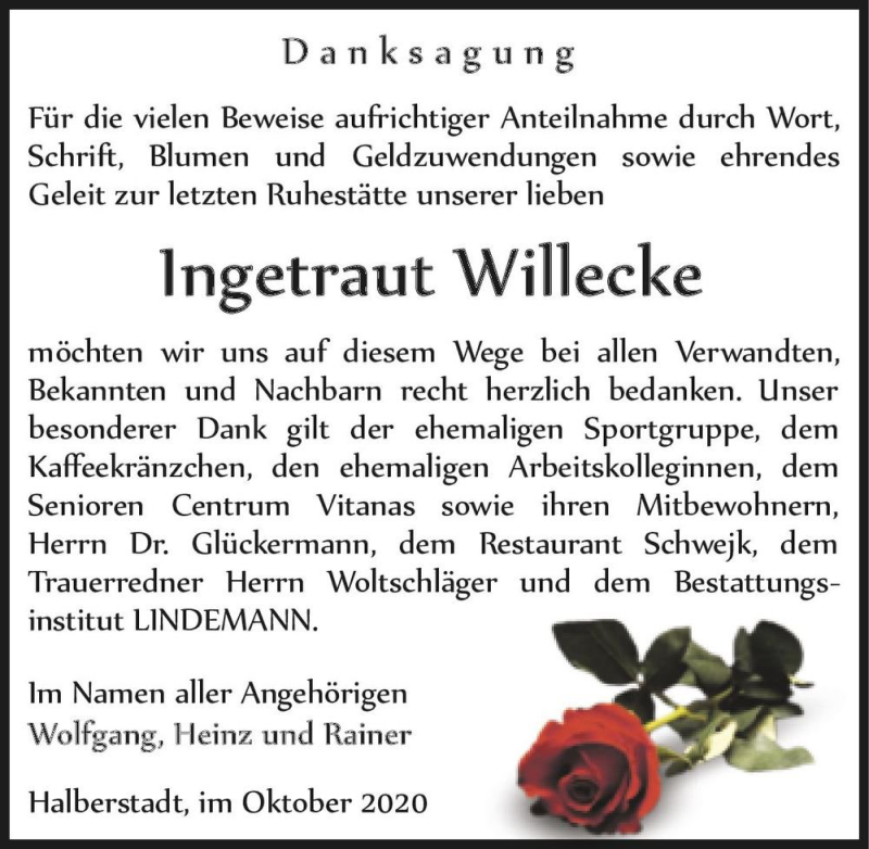  Traueranzeige für Ingetraut Willecke  vom 24.10.2020 aus Magdeburger Volksstimme