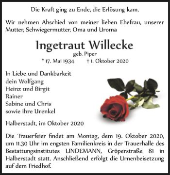 Traueranzeige von Ingetraut Willecke (geb. Piper)  von Magdeburger Volksstimme