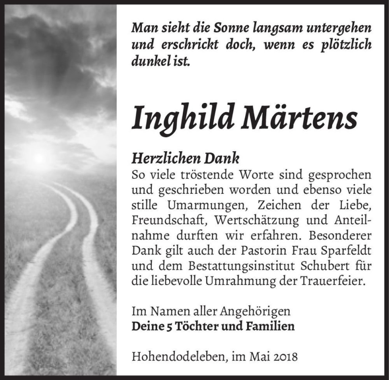  Traueranzeige für Inghild Märtens  vom 26.05.2018 aus Magdeburger Volksstimme