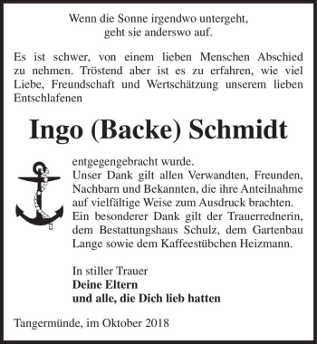 Traueranzeige von Ingo (Backe) Schmidt  von Magdeburger Volksstimme