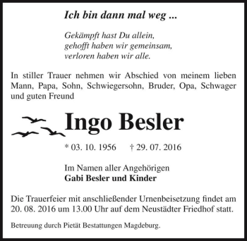 Traueranzeige von Ingo Besler  von Magdeburger Volksstimme